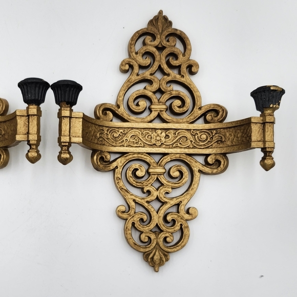Vintage Mid Century 1969 Dart Gold Gilded Scroll Candle Holders Wall Sconces - Picture 12 of 15